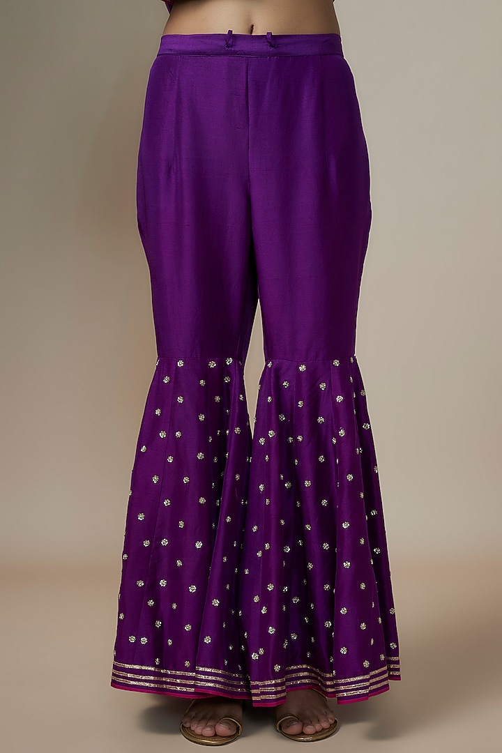 Purple Dupion Silk Zardosi Hand Embroidered Bridal Sharara Set by Anushree Reddy at Pernia's Pop Up Shop