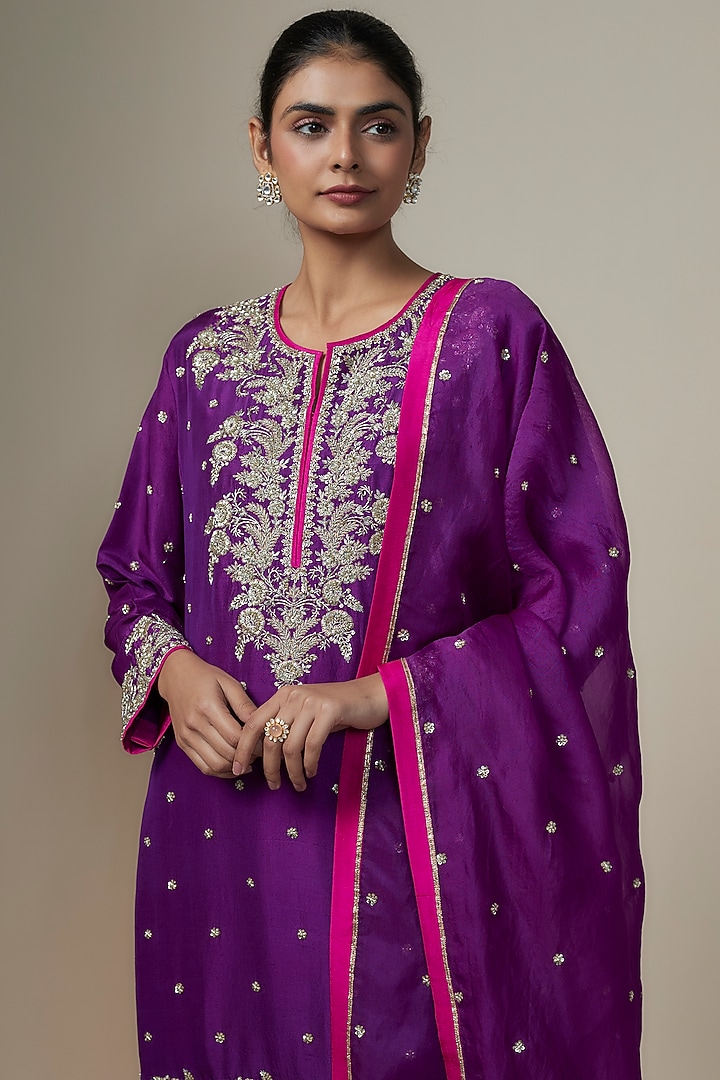Purple Dupion Silk Zardosi Hand Embroidered Bridal Sharara Set by Anushree Reddy at Pernia's Pop Up Shop