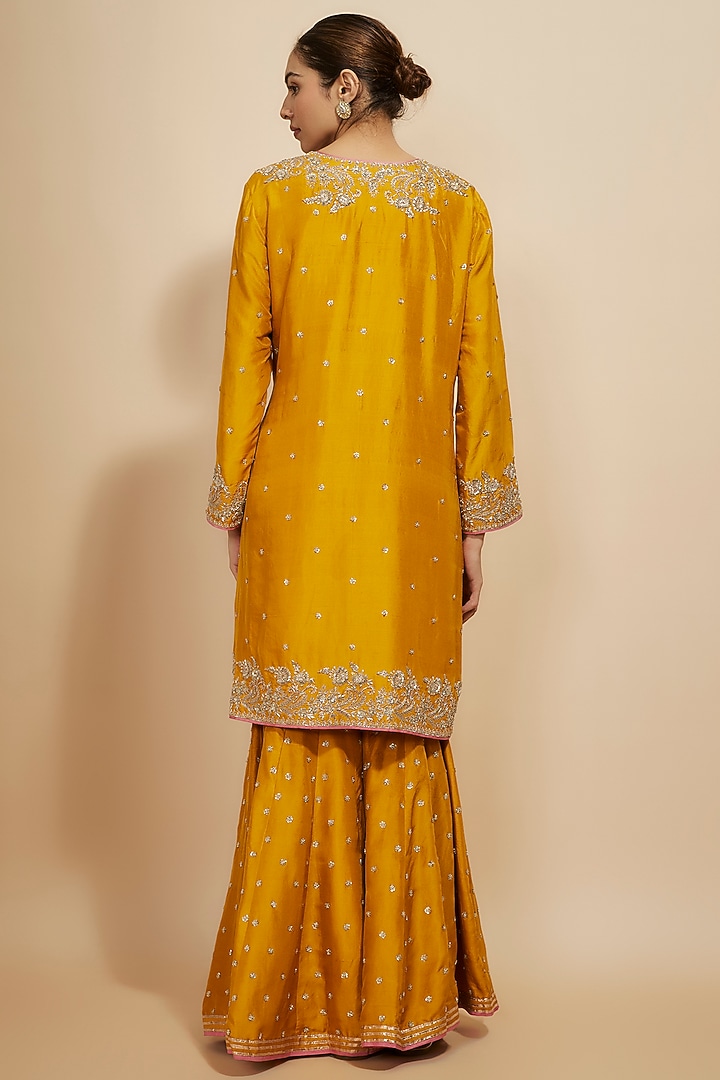 Mustard Dupion Silk Hand Embroidered Bridal Sharara Set by Anushree Reddy at Pernia's Pop Up Shop