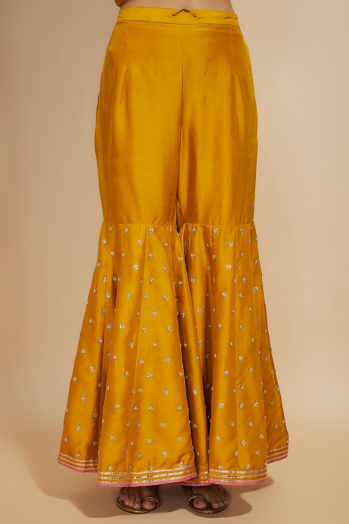 Mustard Dupion Silk Hand Embroidered Bridal Sharara Set by Anushree Reddy at Pernia's Pop Up Shop
