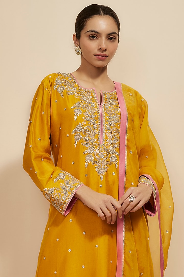 Mustard Dupion Silk Hand Embroidered Bridal Sharara Set by Anushree Reddy at Pernia's Pop Up Shop