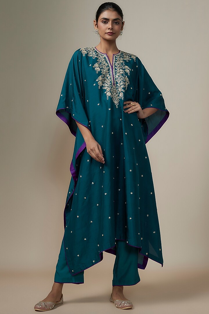 Navy Blue Dupion Silk Zardosi Hand Embroidered Kaftan Set by Anushree Reddy at Pernia's Pop Up Shop