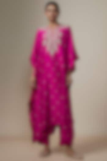 Hot Pink Dupion Silk Zardosi Hand Embroidered Kaftan Set by Anushree Reddy at Pernia's Pop Up Shop