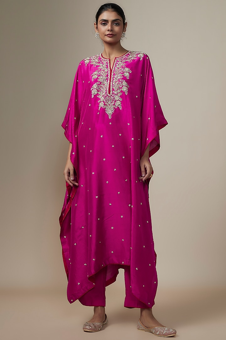 Hot Pink Dupion Silk Zardosi Hand Embroidered Kaftan Set by Anushree Reddy at Pernia's Pop Up Shop