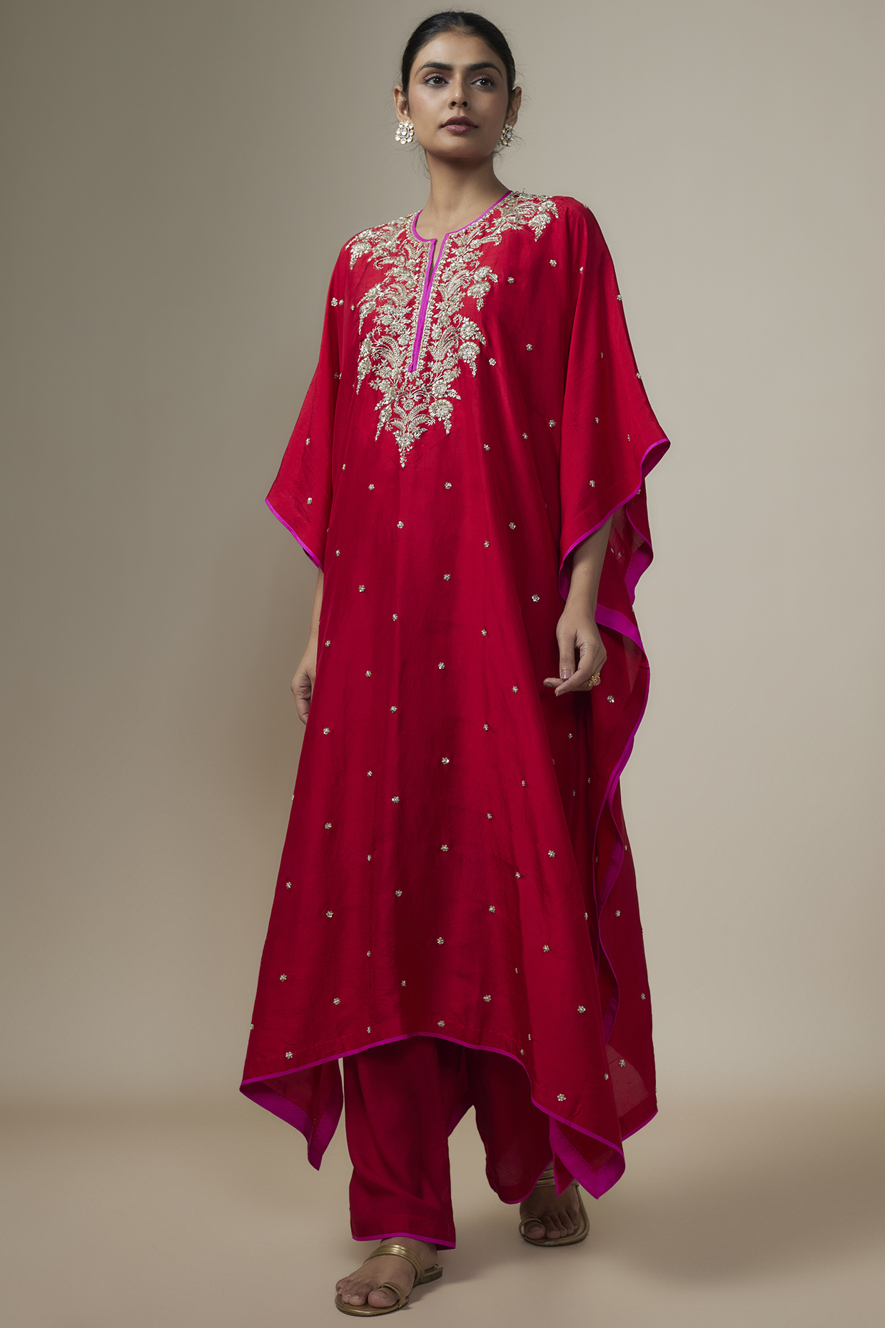 Red Dupion Silk Zardosi Hand Embroidered Kaftan Set by Anushree Reddy at Pernia's Pop Up Shop
