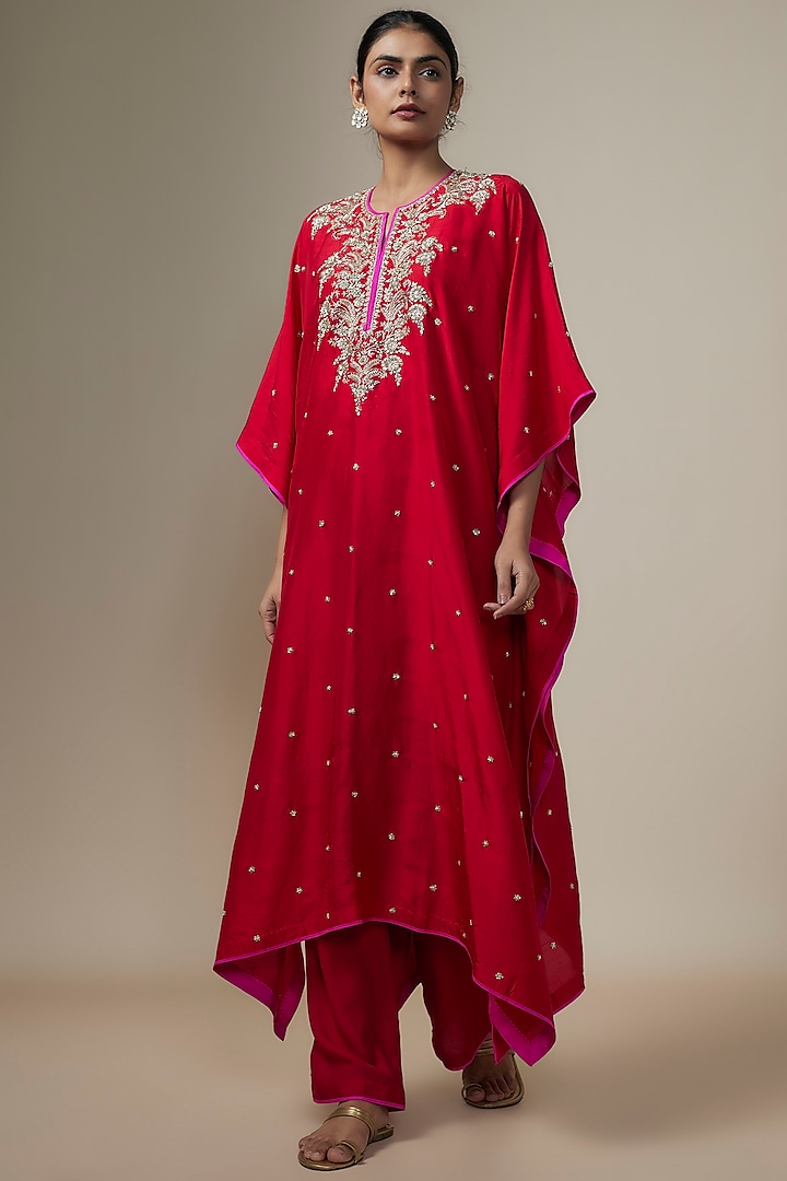 Red Dupion Silk Zardosi Hand Embroidered Kaftan Set by Anushree Reddy at Pernia's Pop Up Shop