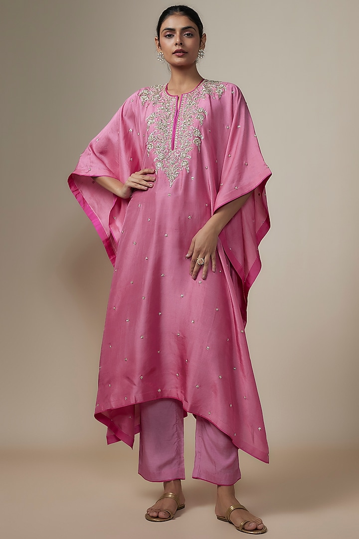 Onion Pink Dupion Silk Zardosi Hand Embroidered Kaftan Set by Anushree Reddy at Pernia's Pop Up Shop