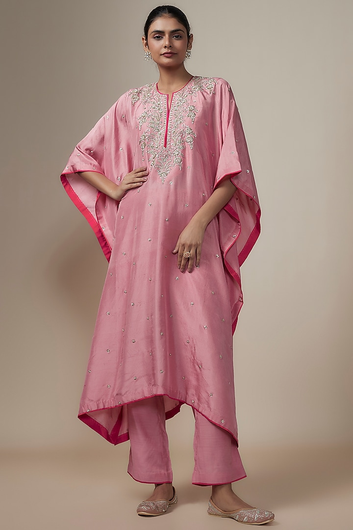 Peach Dupion Silk Zardosi Hand Embroidered Kaftan Set by Anushree Reddy at Pernia's Pop Up Shop