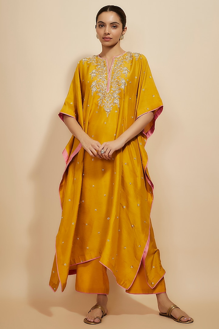 Mustard Dupion Silk Hand Embroidered Kaftan Set by Anushree Reddy