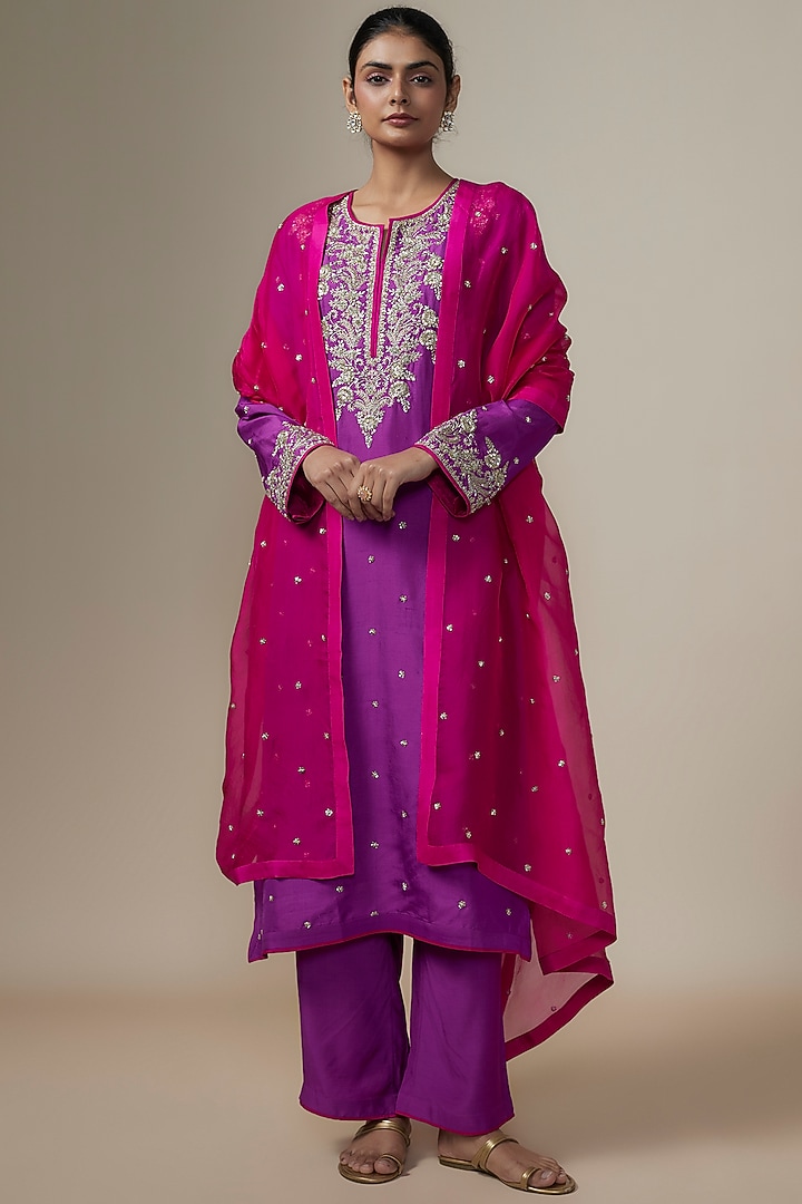 Purple Dupion Silk Zardosi Hand Embroidered Kurta Set by Anushree Reddy at Pernia's Pop Up Shop