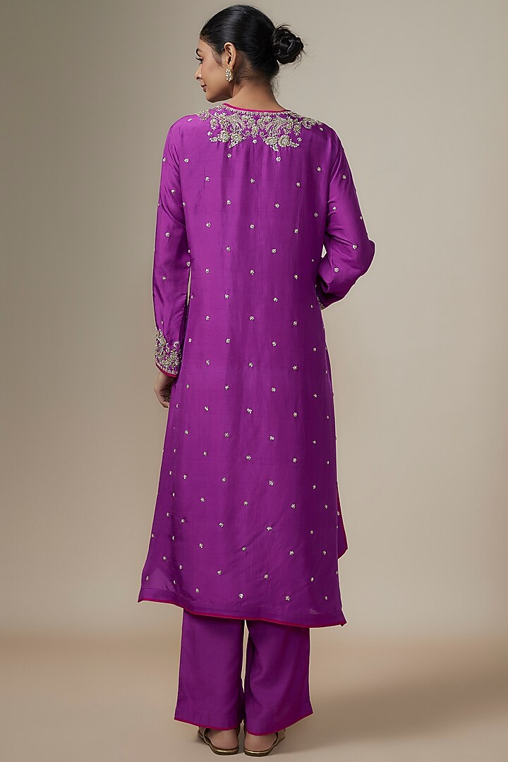 Purple Dupion Silk Zardosi Hand Embroidered Kurta Set by Anushree Reddy at Pernia's Pop Up Shop