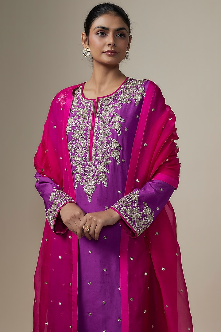 Purple Dupion Silk Zardosi Hand Embroidered Kurta Set by Anushree Reddy at Pernia's Pop Up Shop
