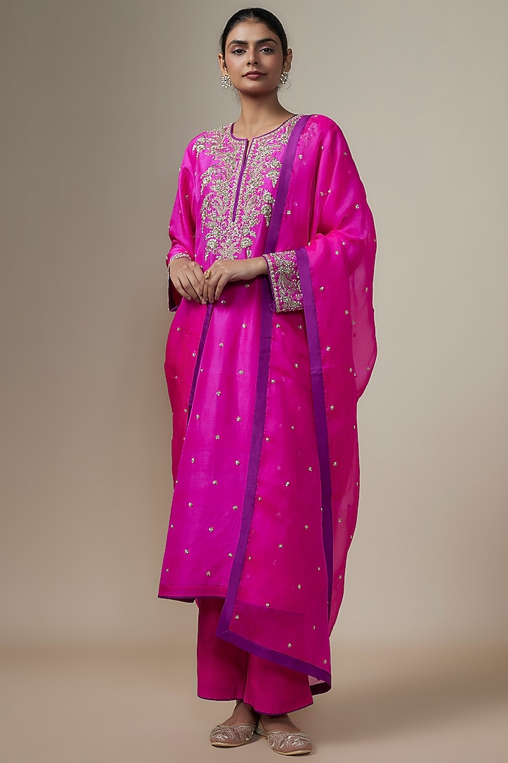 Hot Pink Dupion Silk Zardosi Hand Embroidered Kurta Set by Anushree Reddy at Pernia's Pop Up Shop