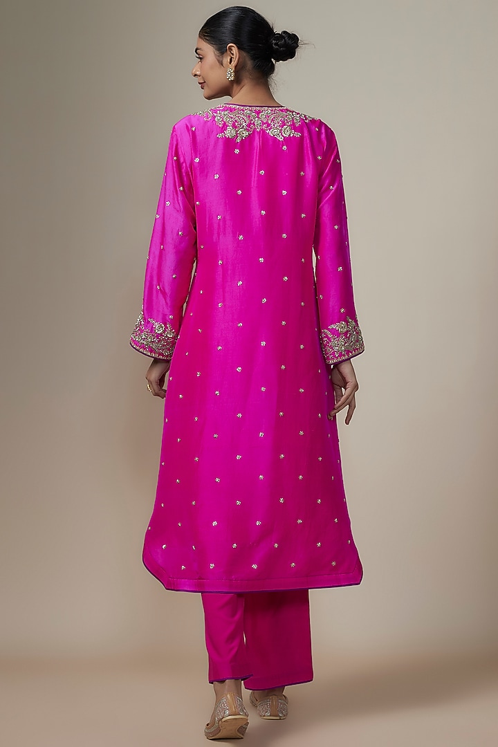 Hot Pink Dupion Silk Zardosi Hand Embroidered Kurta Set by Anushree Reddy at Pernia's Pop Up Shop