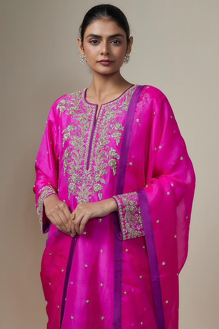 Hot Pink Dupion Silk Zardosi Hand Embroidered Kurta Set by Anushree Reddy at Pernia's Pop Up Shop