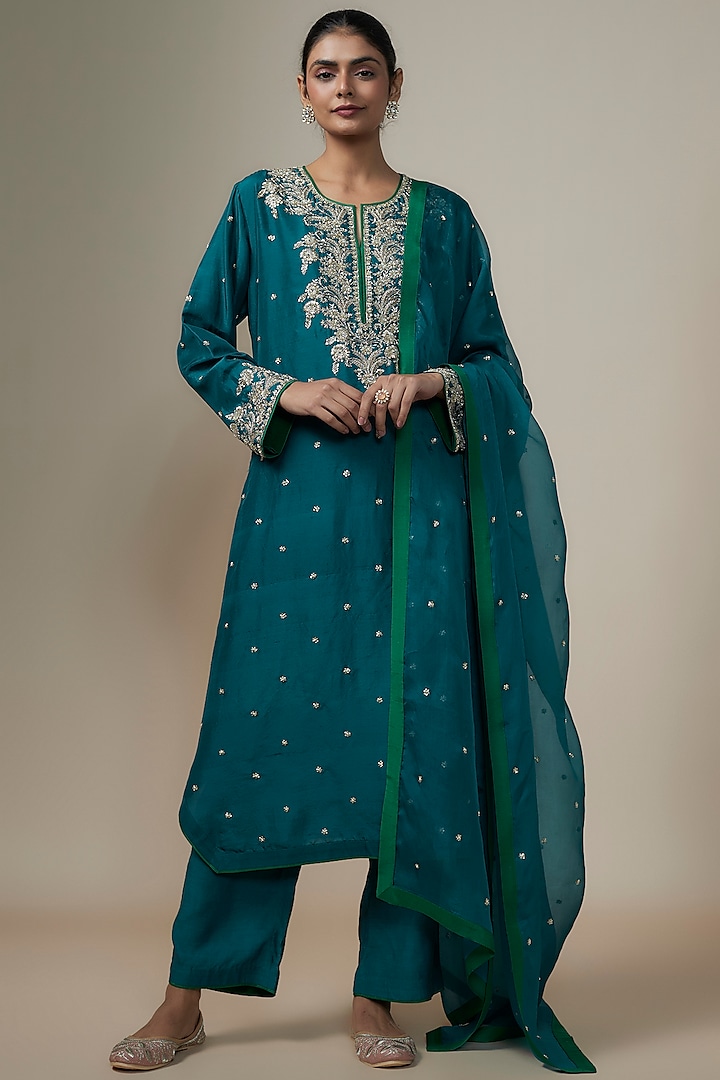 Navy Blue Dupion Silk Zardosi Hand Embroidered Kurta Set by Anushree Reddy at Pernia's Pop Up Shop