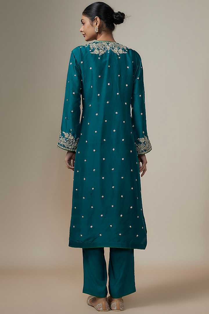 Navy Blue Dupion Silk Zardosi Hand Embroidered Kurta Set by Anushree Reddy at Pernia's Pop Up Shop