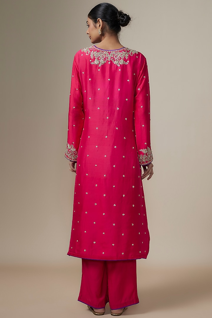 Cherry Red Dupion Silk Zardosi Hand Embroidered Kurta Set by Anushree Reddy at Pernia's Pop Up Shop