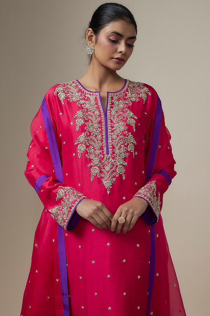 Cherry Red Dupion Silk Zardosi Hand Embroidered Kurta Set by Anushree Reddy at Pernia's Pop Up Shop