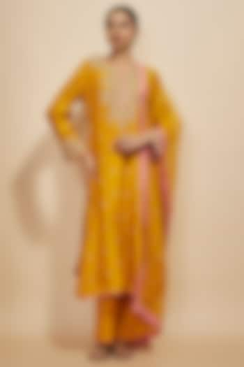 Mustard Dupion Silk Hand Embroidered Kurta Set by Anushree Reddy