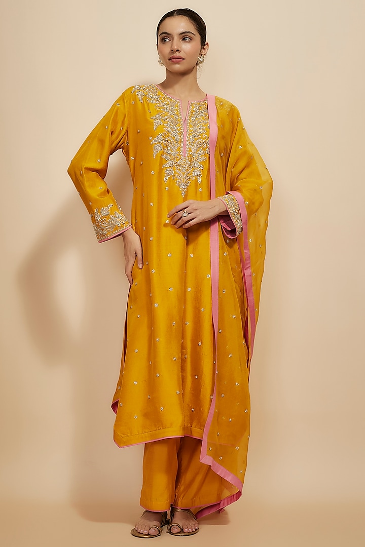 Mustard Dupion Silk Hand Embroidered Kurta Set by Anushree Reddy