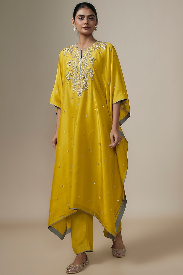 Yellow Dupion Silk Zardosi Hand Embroidered Kaftan Set by Anushree Reddy at Pernia's Pop Up Shop