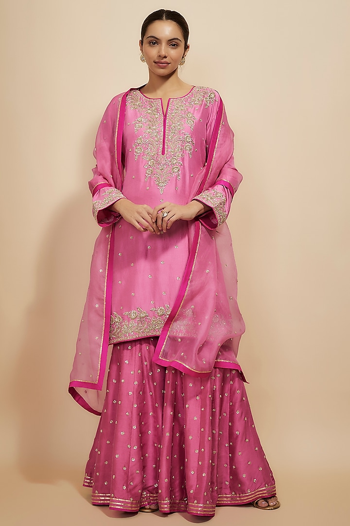 Pink Dupion Silk Hand Embroidered Sharara Set by Anushree Reddy