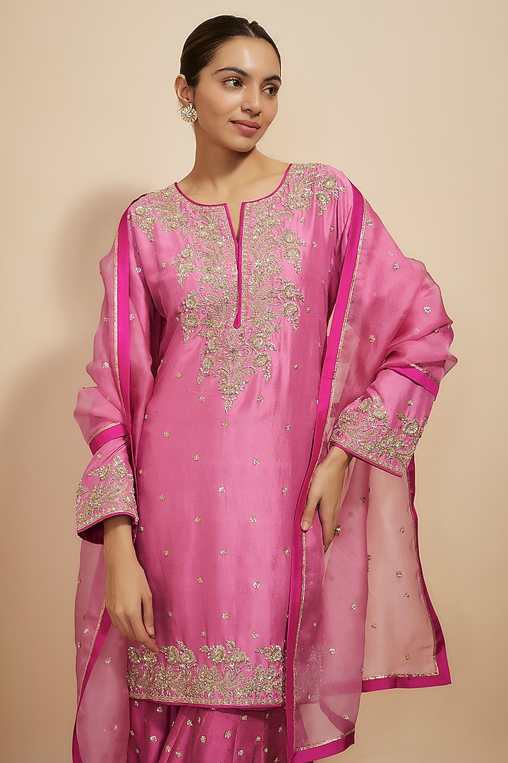 Pink Dupion Silk Hand Embroidered Bridal Sharara Set by Anushree Reddy at Pernia's Pop Up Shop