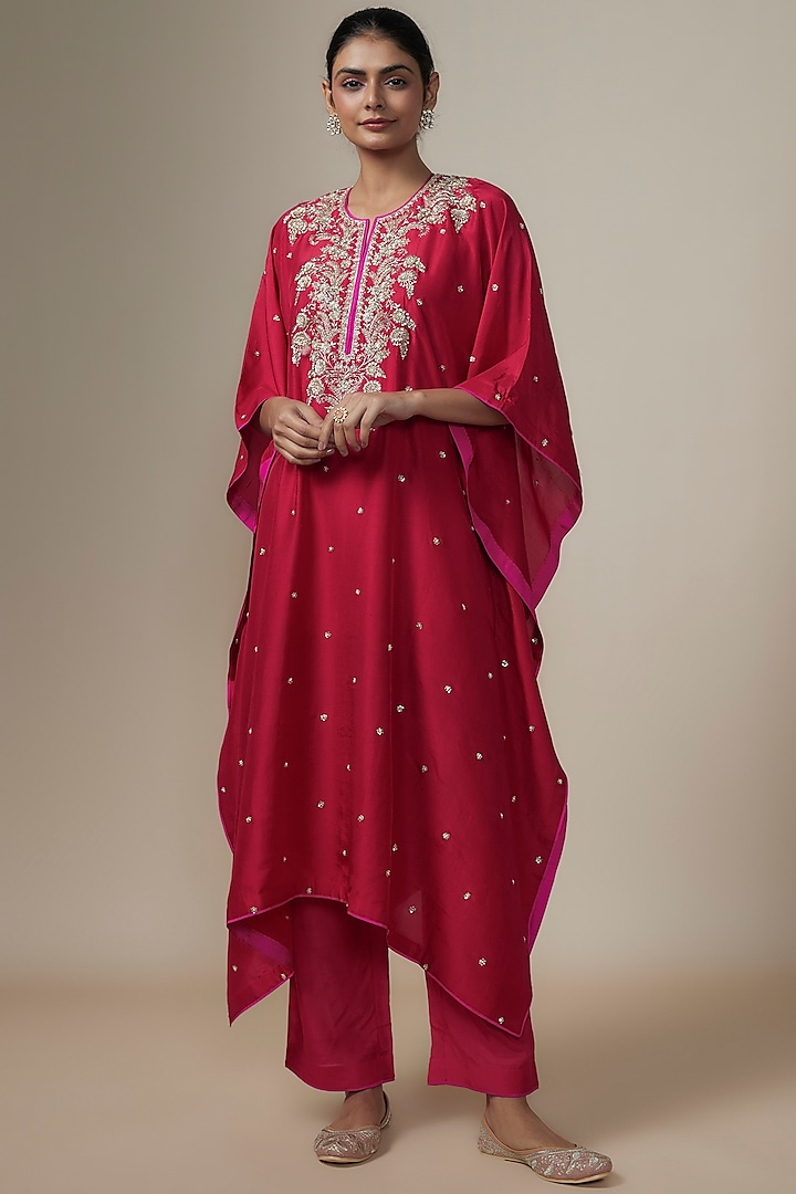 Reddish Pink Dupion Silk Zardosi Hand Embroidered Kaftan Set by Anushree Reddy at Pernia's Pop Up Shop