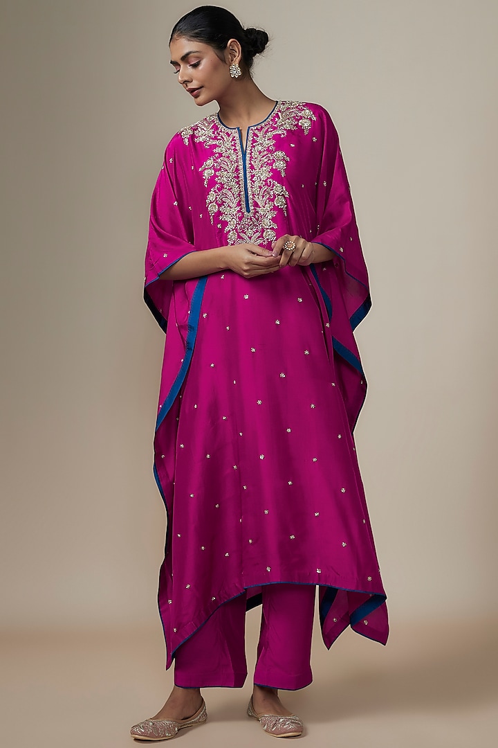 Magenta Pink Dupion Silk Zardosi Hand Embroidered Kaftan Set by Anushree Reddy at Pernia's Pop Up Shop