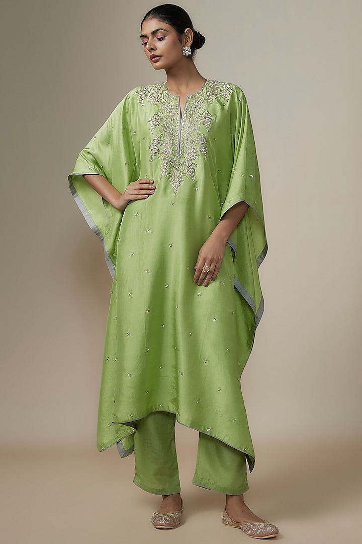 Sea Green Dupion Silk Zardosi Hand Embroidered Kaftan Set by Anushree Reddy at Pernia's Pop Up Shop