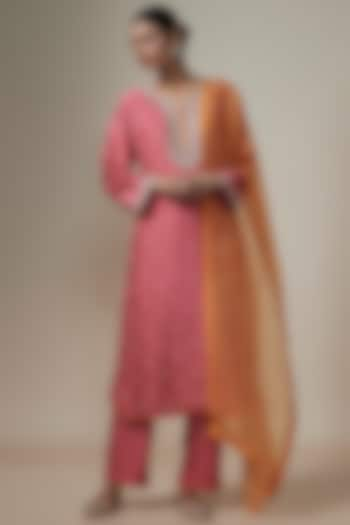 Deep Peach Dupion Silk Zardosi Hand Embroidered Kurta Set by Anushree Reddy at Pernia's Pop Up Shop