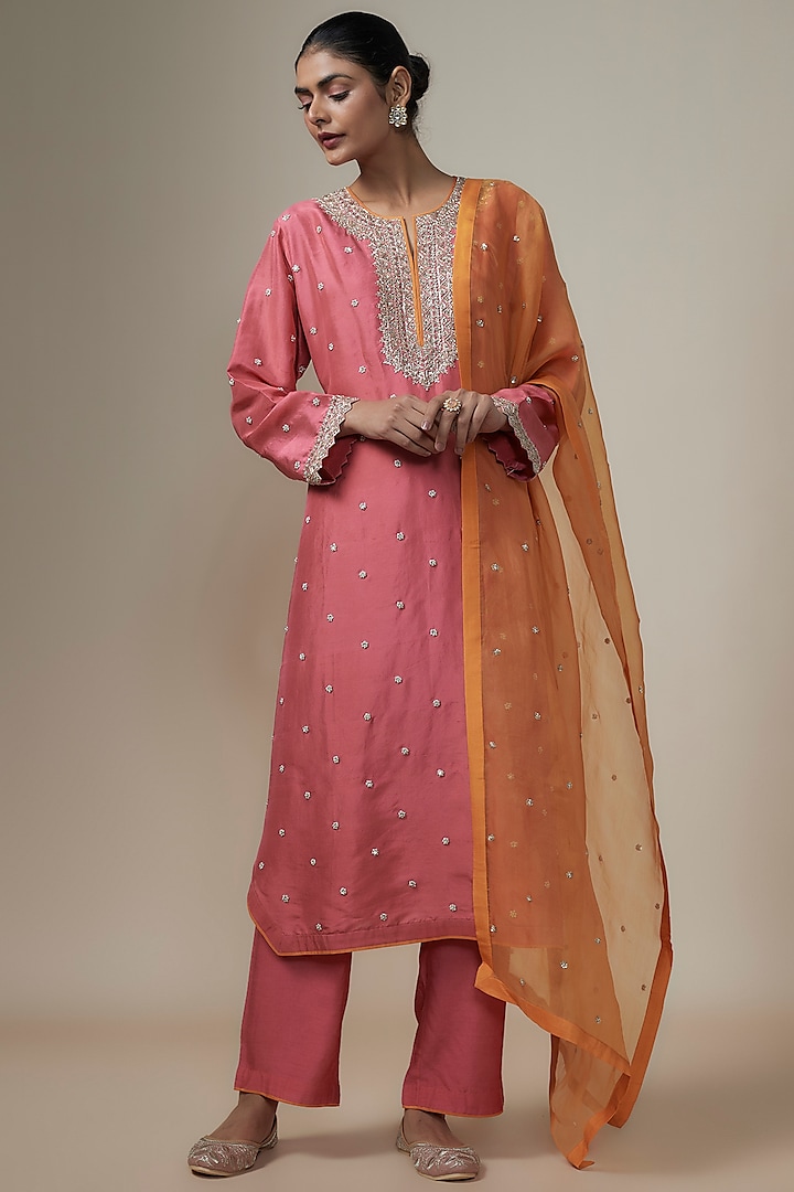 Deep Peach Dupion Silk Zardosi Hand Embroidered Kurta Set by Anushree Reddy at Pernia's Pop Up Shop