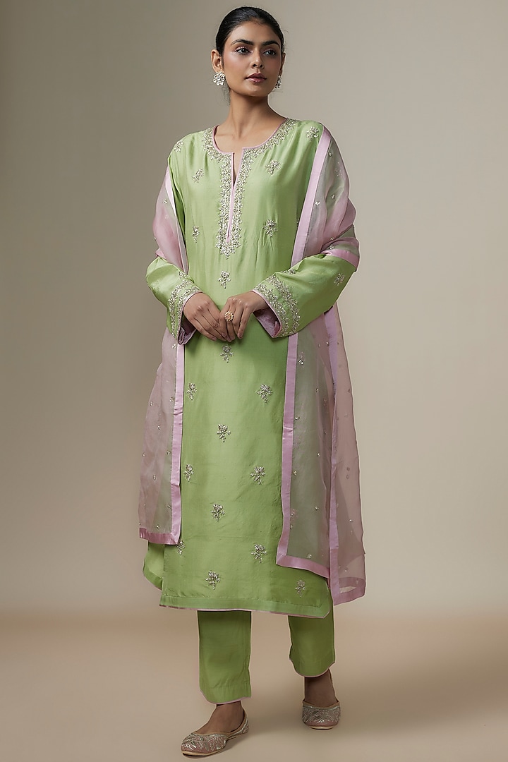 Sea Green Dupion Silk Zardosi Hand Embroidered Kurta Set by Anushree Reddy at Pernia's Pop Up Shop