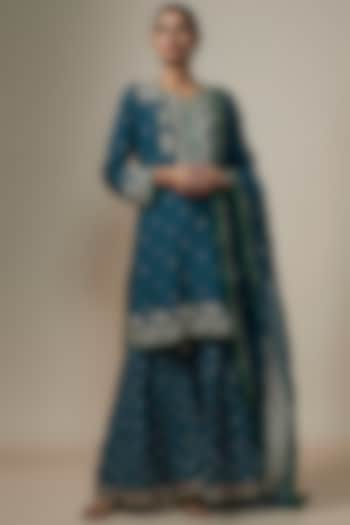 Navy Blue Dupion Silk Zardosi Hand Embroidered Kurta Set by Anushree Reddy at Pernia's Pop Up Shop