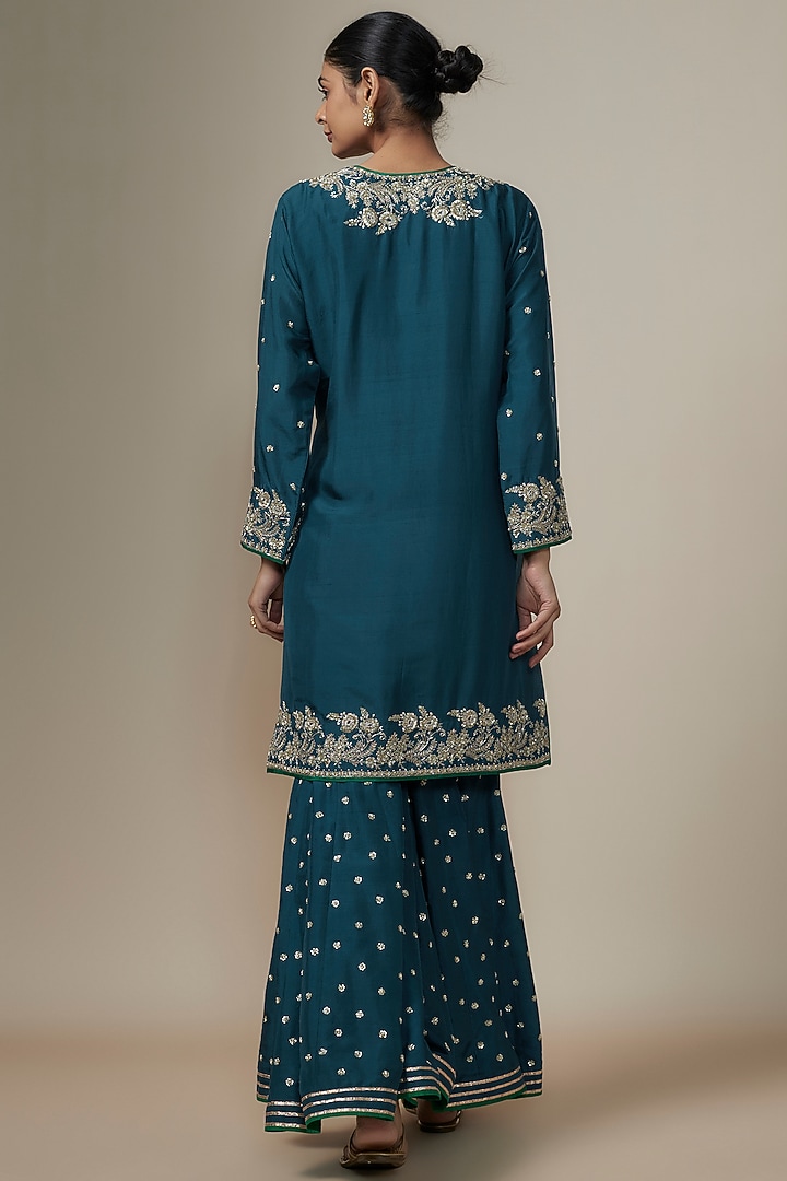 Navy Blue Dupion Silk Zardosi Hand Embroidered Kurta Set by Anushree Reddy at Pernia's Pop Up Shop