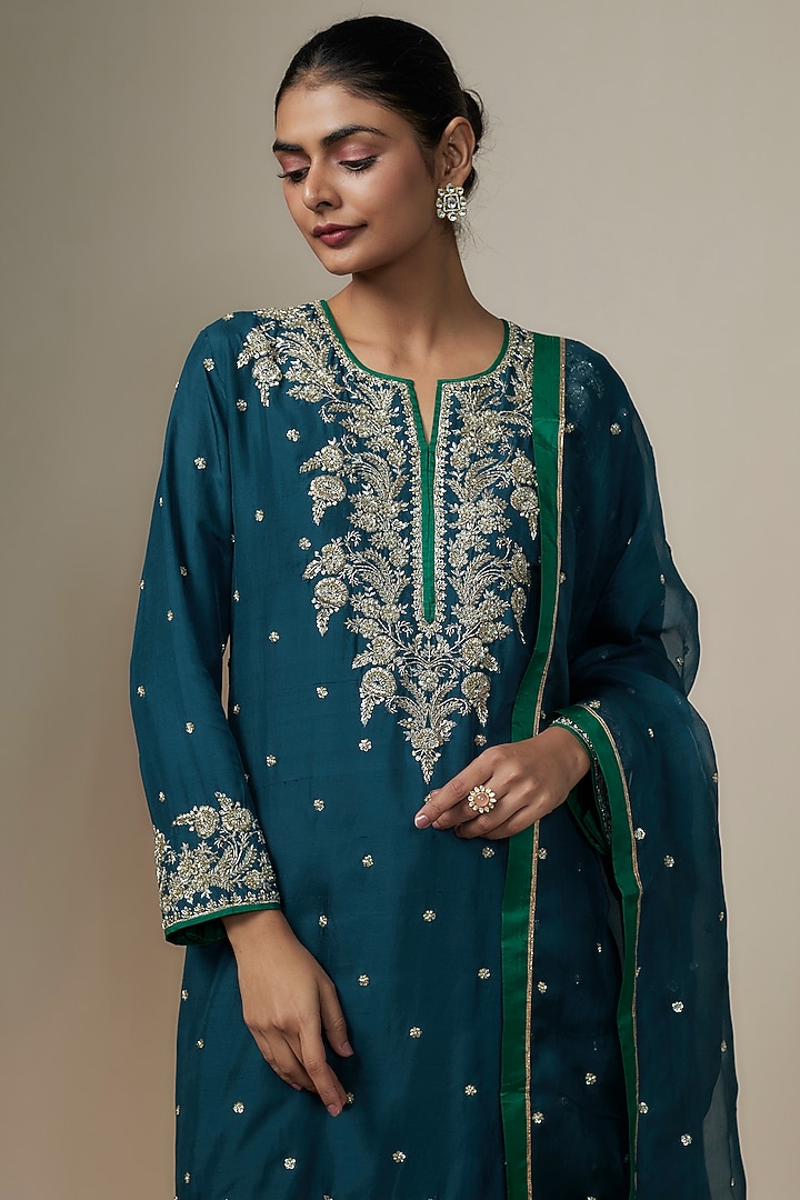 Navy Blue Dupion Silk Zardosi Hand Embroidered Kurta Set by Anushree Reddy at Pernia's Pop Up Shop