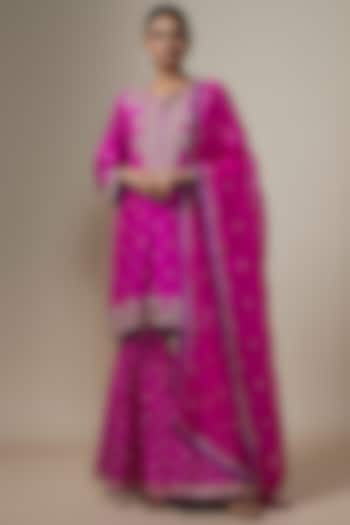 Magenta Pink Dupion Silk Zardosi Hand Embroidered Kurta Set by Anushree Reddy at Pernia's Pop Up Shop