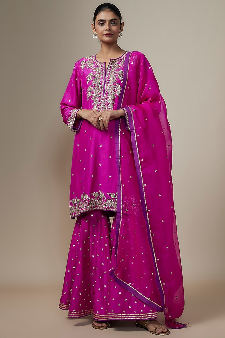 Magenta Pink Dupion Silk Zardosi Hand Embroidered Kurta Set by Anushree Reddy at Pernia's Pop Up Shop