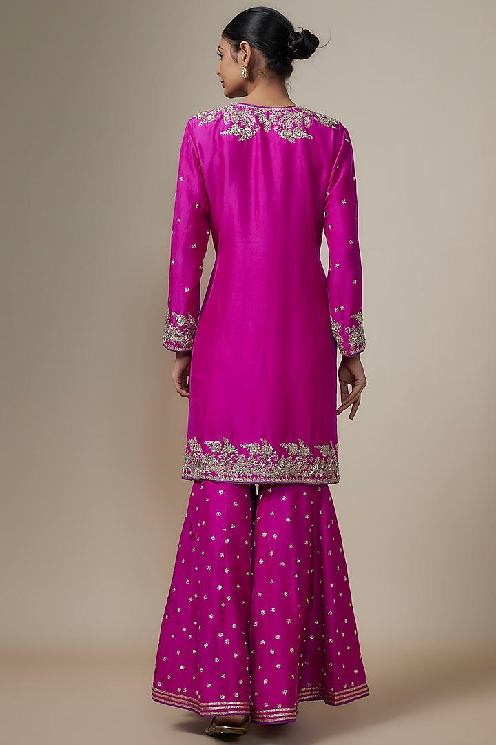 Magenta Pink Dupion Silk Zardosi Hand Embroidered Kurta Set by Anushree Reddy at Pernia's Pop Up Shop