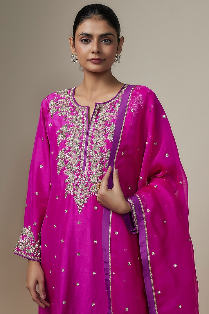 Magenta Pink Dupion Silk Zardosi Hand Embroidered Kurta Set by Anushree Reddy at Pernia's Pop Up Shop