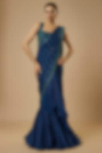 Navy Blue Organza Hand Embroidered Ruffled Saree Set by Anushree Reddy