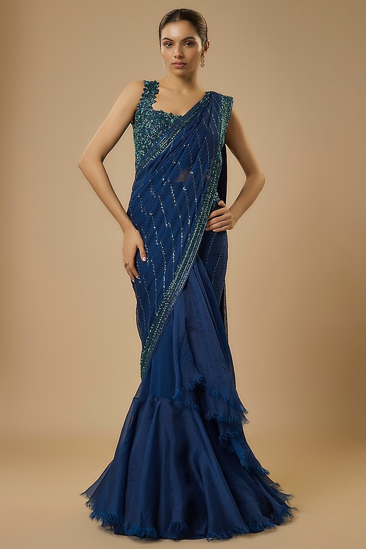 Navy Blue Organza Hand Embroidered Ruffled Saree Set by Anushree Reddy