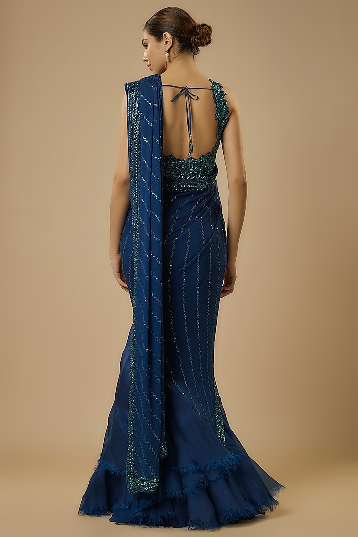 Navy Blue Organza Hand Embroidered Ruffled Reception Saree Set by Anushree Reddy at Pernia's Pop Up Shop