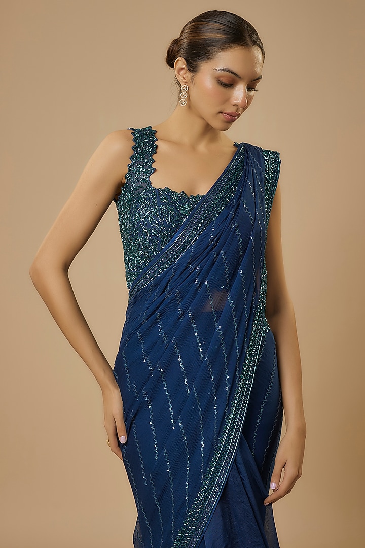Navy Blue Organza Hand Embroidered Ruffled Reception Saree Set by Anushree Reddy at Pernia's Pop Up Shop