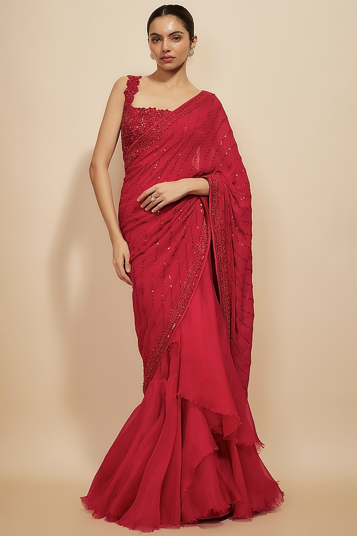 Red Organza Hand Embroidered Ruffled Saree Set by Anushree Reddy at Pernia's Pop Up Shop