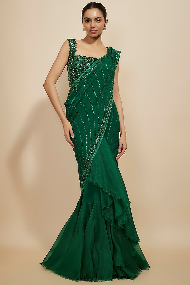 Emerald Green Organza Hand Embroidered Ruffled Saree Set by Anushree Reddy at Pernia's Pop Up Shop