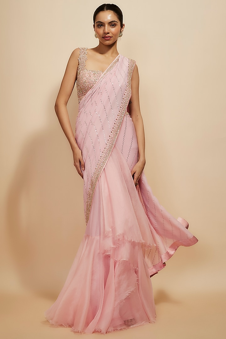 Blush Pink Organza Hand Embroidered Ruffled Saree Set by Anushree Reddy at Pernia's Pop Up Shop