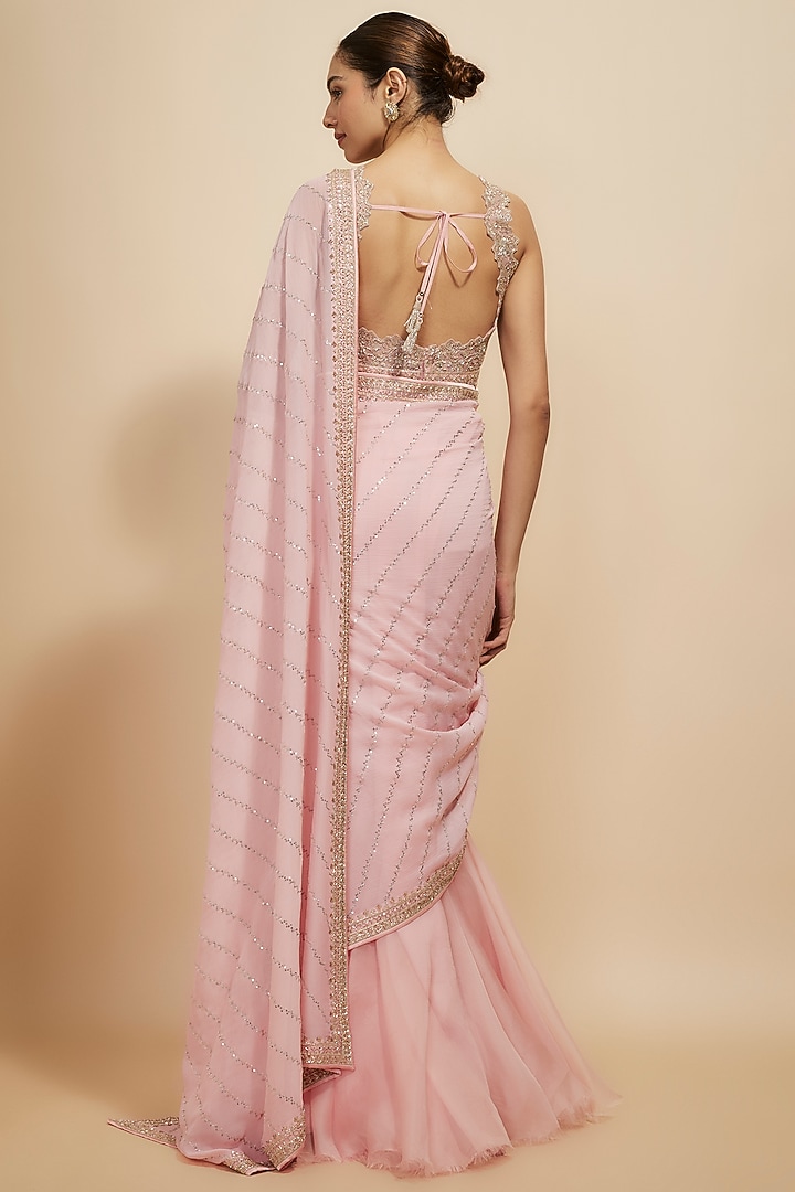 Blush Pink Organza Hand Embroidered Ruffled Reception Saree Set by Anushree Reddy at Pernia's Pop Up Shop