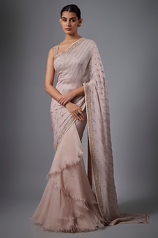 Champagne Chiffon Saree Set by Anushree Reddy